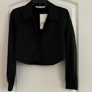 Zara Satin Cropped Black Button Down Shirt